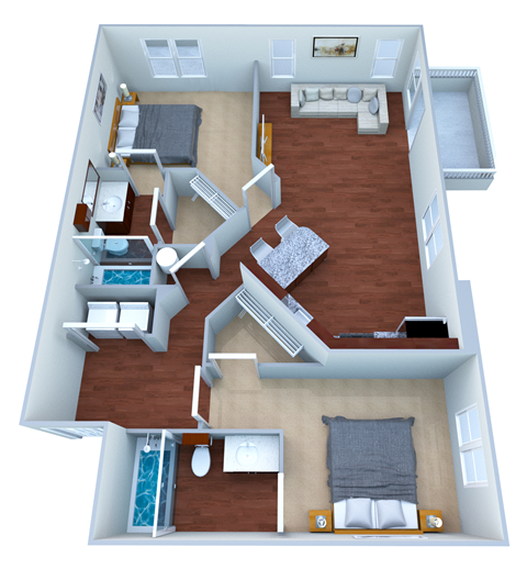 Floor plan for 2 beds, 2 baths, 907 sqft